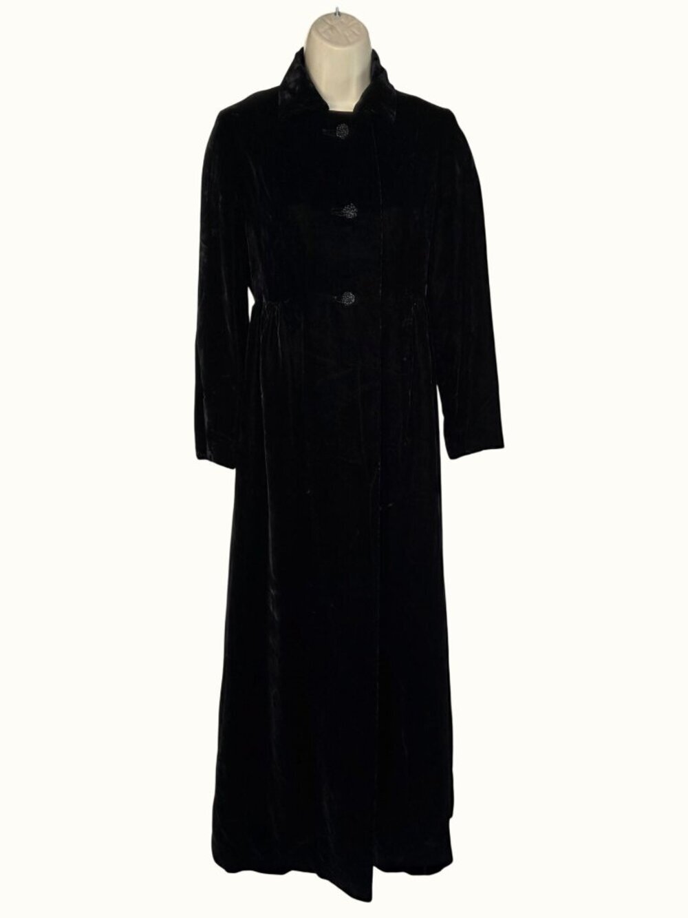 Vintage Marsis California Black Velvet Maxi Opera Coat XS/S Glass Btn Gothic 70s